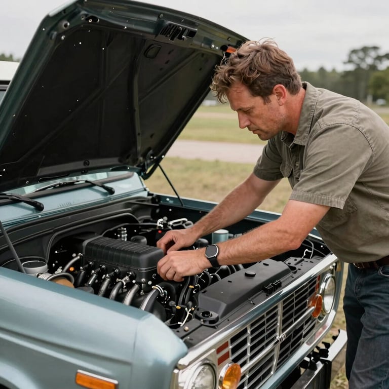 An enthusiast in North American outdoor attire checking the engine of a classic Ford Bronco.