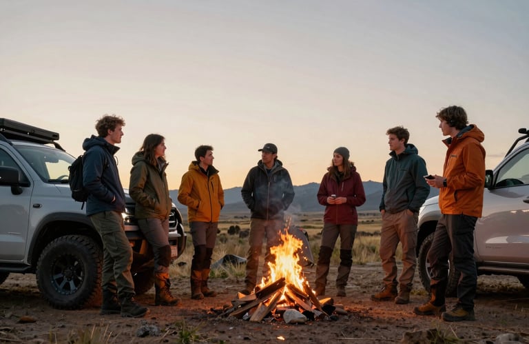 A group of outdoor enthusiasts in outdoor gear sharing stories next to their vehicles at a North American / US campsite, warm evening campfire light.