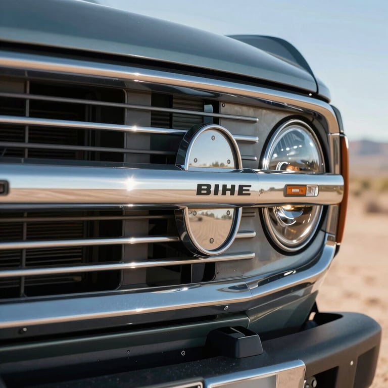 The chrome Bronco emblem gleaming under the bright sun in a North American desert setting.