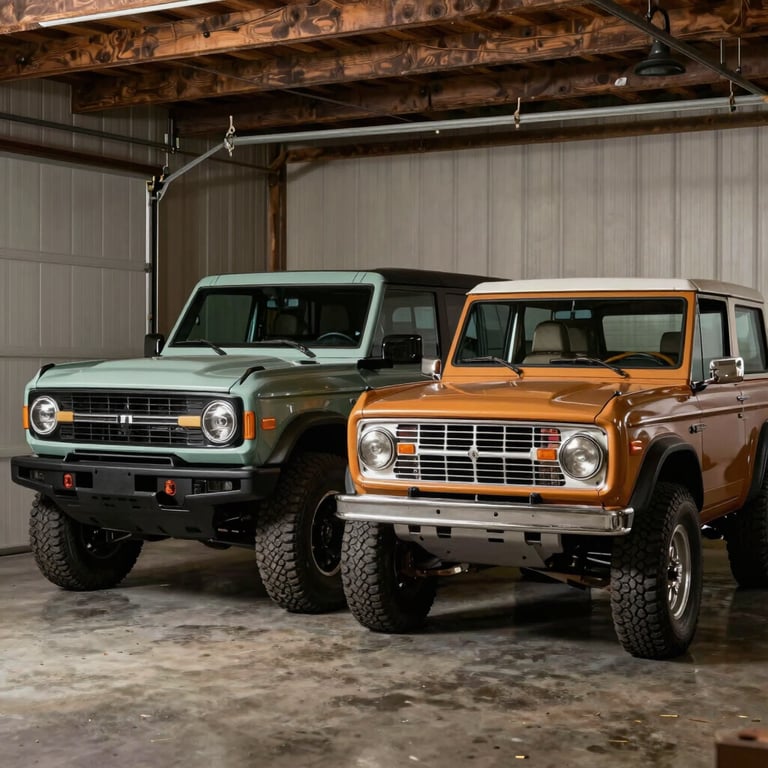 A modern Bronco and its 1970s predecessor parked side-by-side in a rustic North American garage.