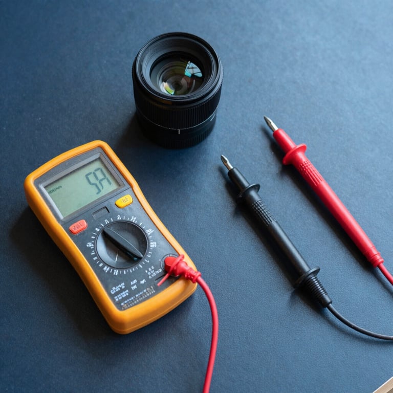 A professional flat-lay photograph of electrical testing tools, a multimeter, and insulated screwdrivers on a dark blue technical surface, clean and organized composition.