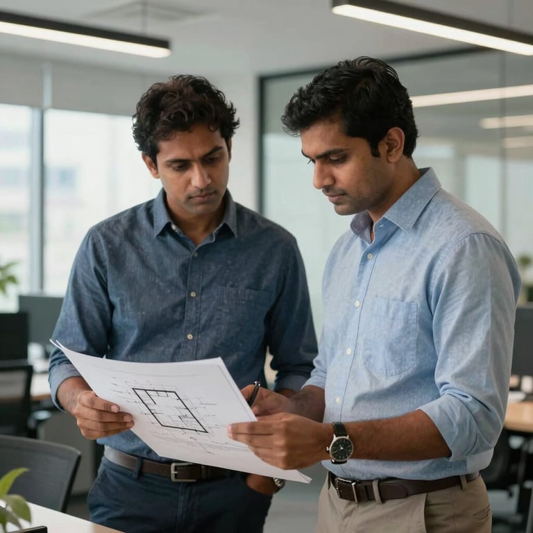 Two South Asian engineers in business casual attire reviewing a technical floor plan for an ELV project in a modern, well-lit office.
