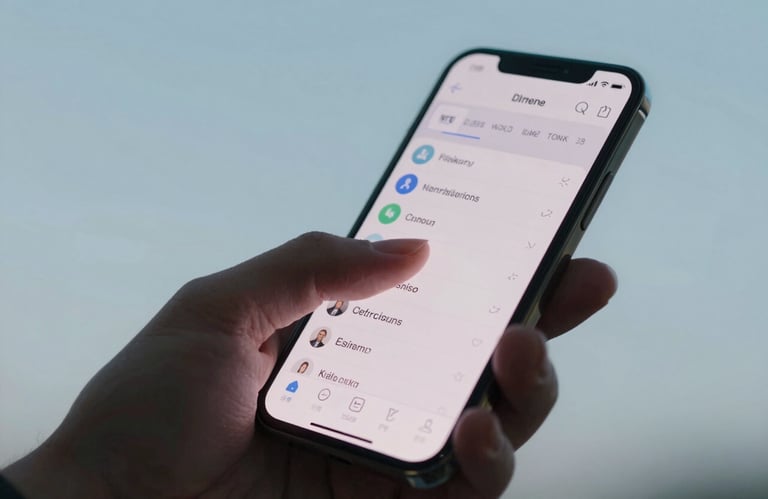 A close-up shot of a modern smartphone showing a sleek, professional interface being navigated by a user in a North American / US setting. Soft studio lighting with hints of sky blue.
