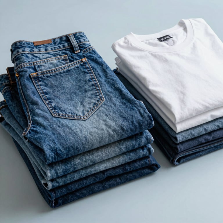 A clean, organized stack of denim jeans and cotton t-shirts on a light blue surface, crisp and professional North American / US folding style.