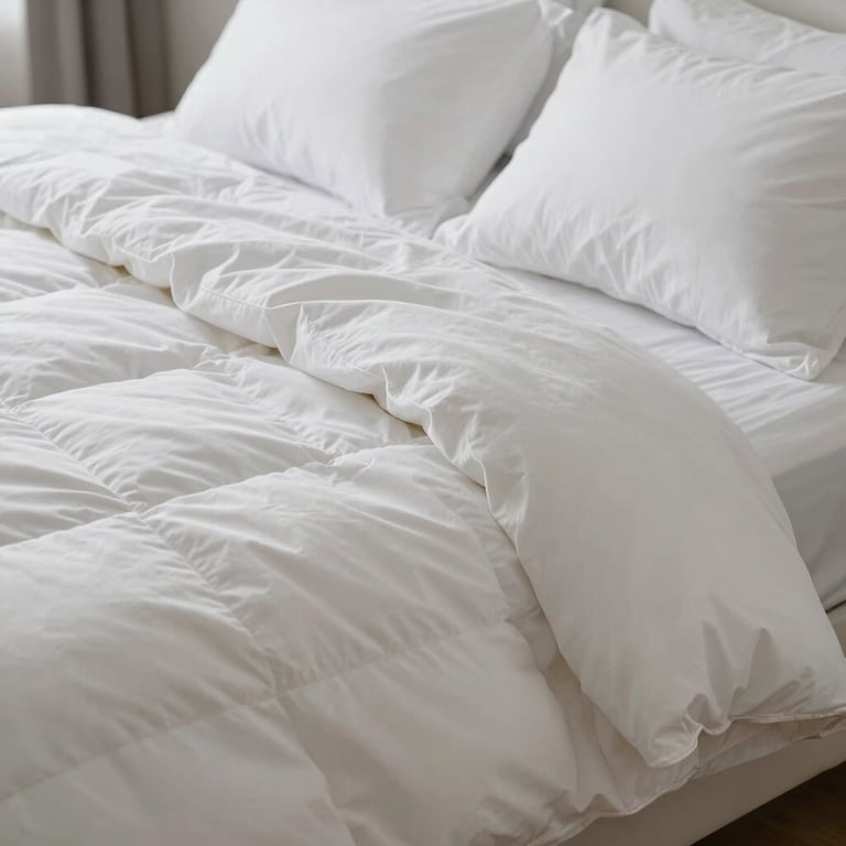 A close-up shot of thick, fluffy white blankets and pillows freshly laundered, North American / US bedroom setting, soft daylight, focusing on comfort and cleanliness.