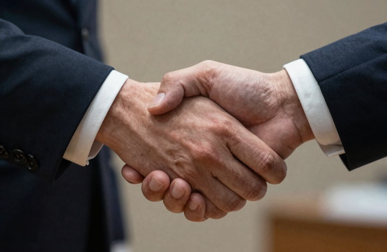A close-up of a professional handshake in a Spanish / Iberian corporate setting, representing trust and connection.