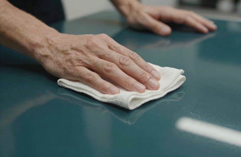 A person using a professional microfiber cloth to polish a deep teal surface, capturing the reflection of a clean room.