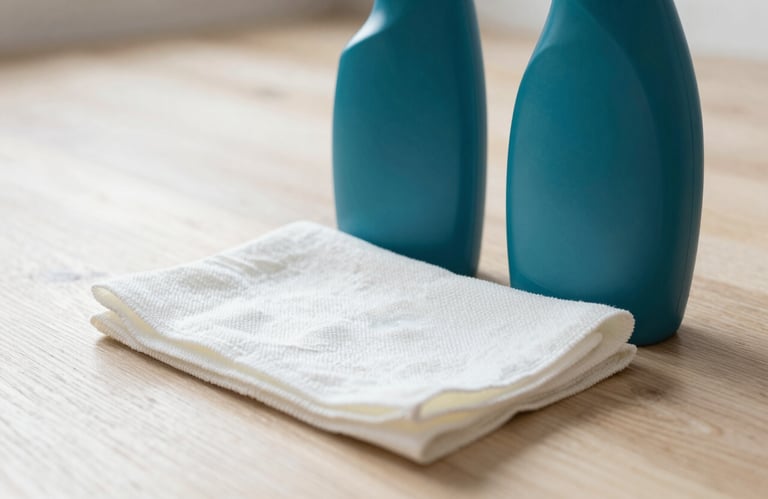 A professional cleaning kit featuring deep teal bottles and soft off-white cloths, set against a bright, clean wooden floor.