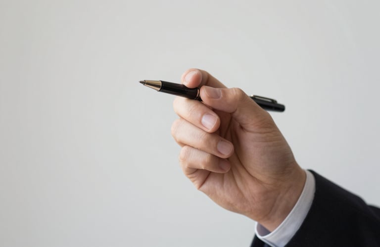 A close-up of a professional person's hand using a high-quality pen, symbolic of making empowered financial decisions, minimalist composition.