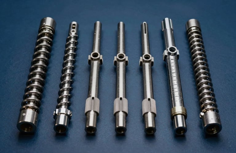 Symmetrical layout of professional pipe cleaning tools, including spirals and nozzles, on a dark blue background, professional photography.