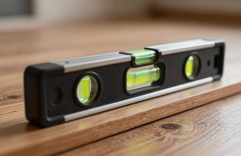 Macro photography of a spirit level resting on a newly installed wood-colored baseboard in a North American home, focus on the level vial, professional lighting.