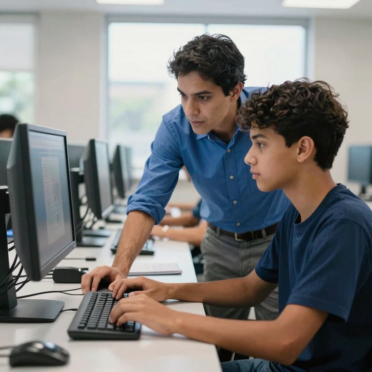 A professional mentor in a steel blue shirt assisting a student in a bright, modern computer lab. Both are looking at a screen together. The scene is shot in a Brazilian tech school setting with natural lighting and a focus on human interaction and effective learning.