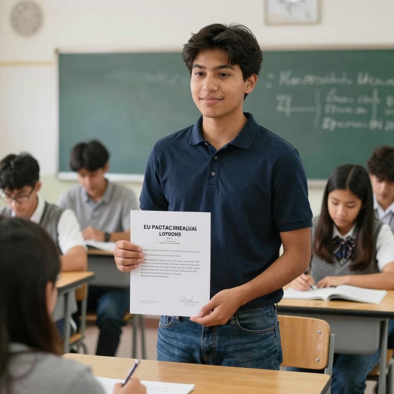 A smiling student receiving a scholarship certificate in a community classroom.