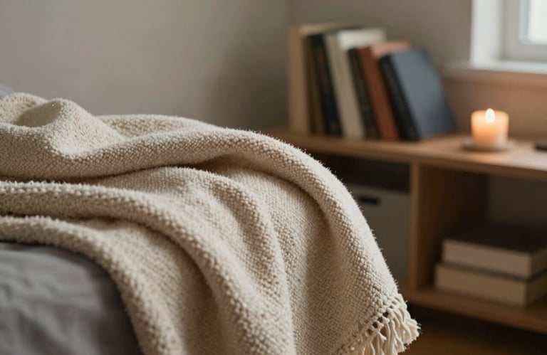 Detail of a therapist's office in France with a cozy blanket, books on a shelf, and a candle, warm and reassuring atmosphere.