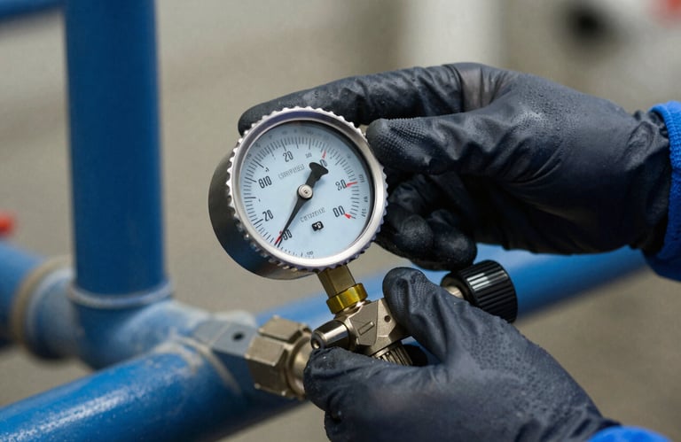 Close-up of a certified technician's hands in dark navy gloves holding a professional pressure gauge on a steel blue pipe.