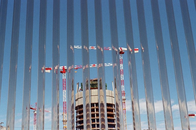 Reflection of construction cranes in mirrored building panels. Unedited 35mm film SOOC photography.