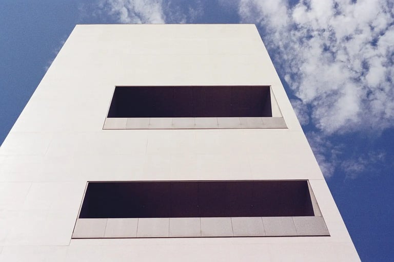 White modern building facade at Fondazione Prada, Milan. Unedited 35mm film SOOC photography.