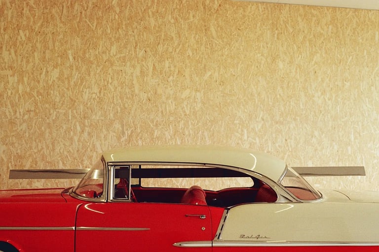 Vintage red and white Chevrolet Bel Air at Fondazione Prada. Unedited 35mm film SOOC photography.