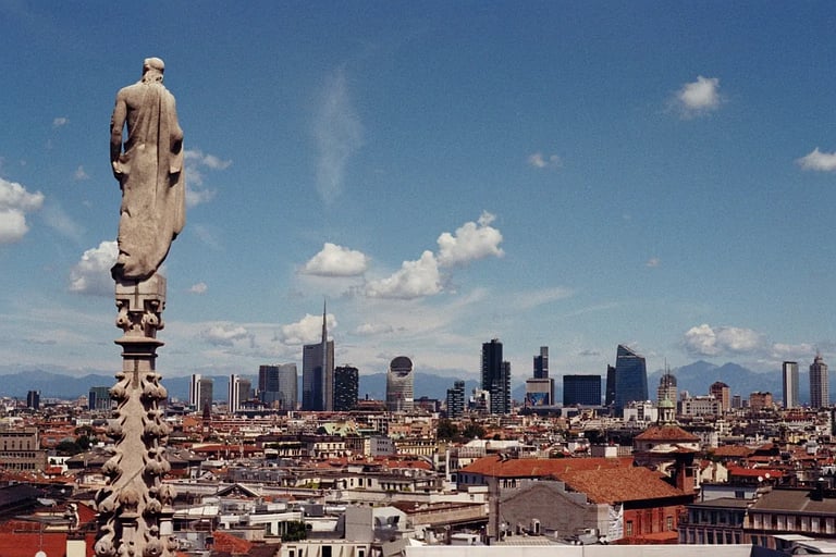 Milan city panoramic skyline viewed from the Duomo. Unedited 35mm film SOOC photography.