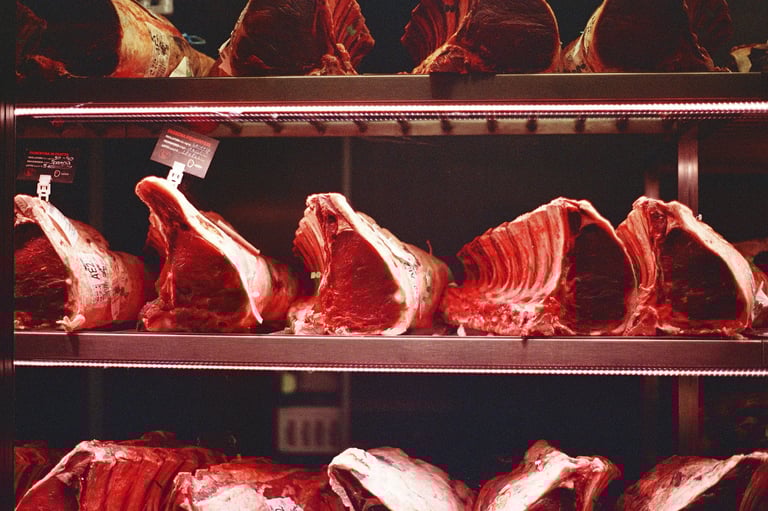 Meat curing in a display case in Florence, Italy. Unedited 35mm film SOOC photography.