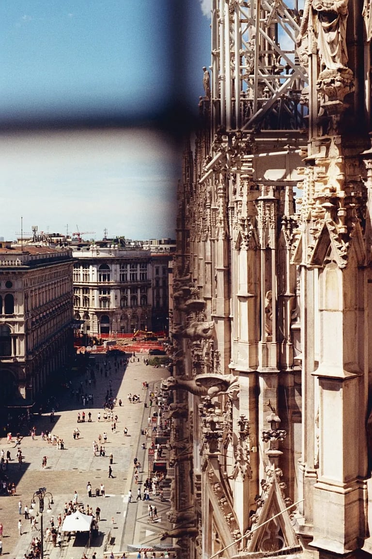 Detailed view of Milan Duomo Cathedral architecture. Unedited 35mm film SOOC photography.