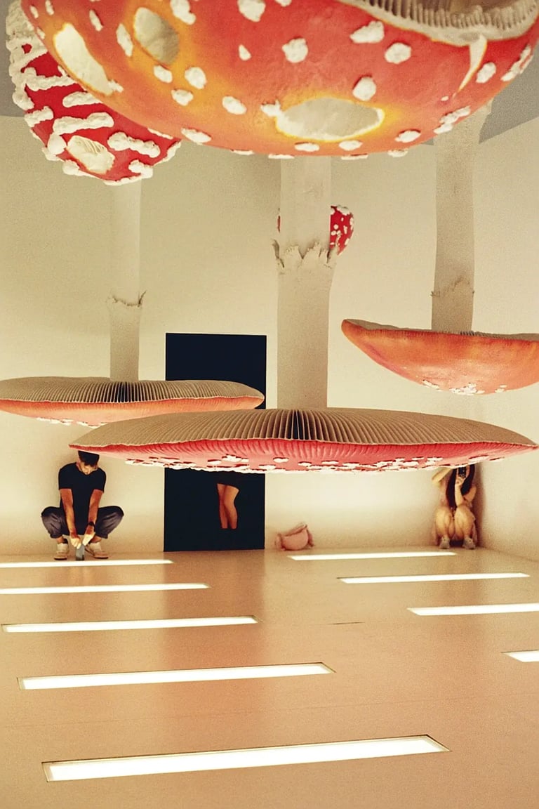 Minimalist museum installation of large red and white spotted upside-down mushrooms, unedited SOOC photography