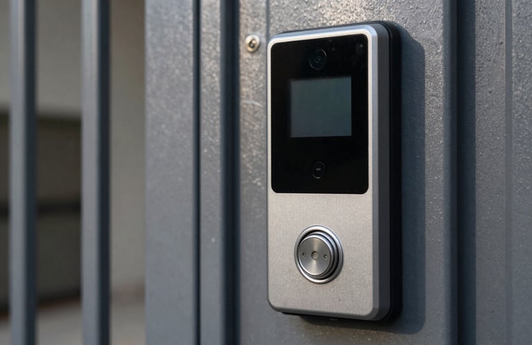 A detailed photograph of a high-security electronic access control system on a modern apartment gate, highlighting professional installation and security expertise.