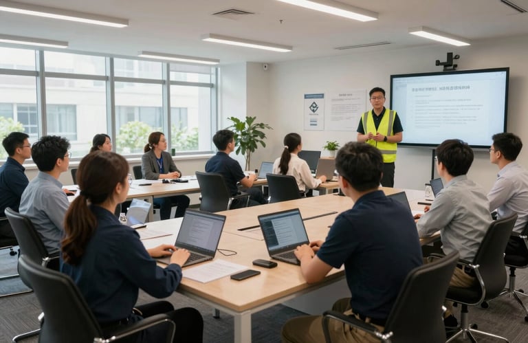 A photograph of a professional safety training seminar being held in a modern, brightly lit office space for property management employees.