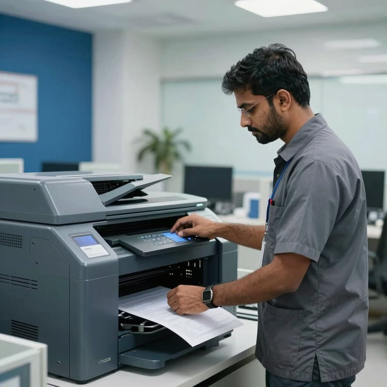 A professional South Asian technician in a slate grey uniform servicing a large industrial printer in a bright, modern Indian office environment. Deep blue accents are visible in the decor.