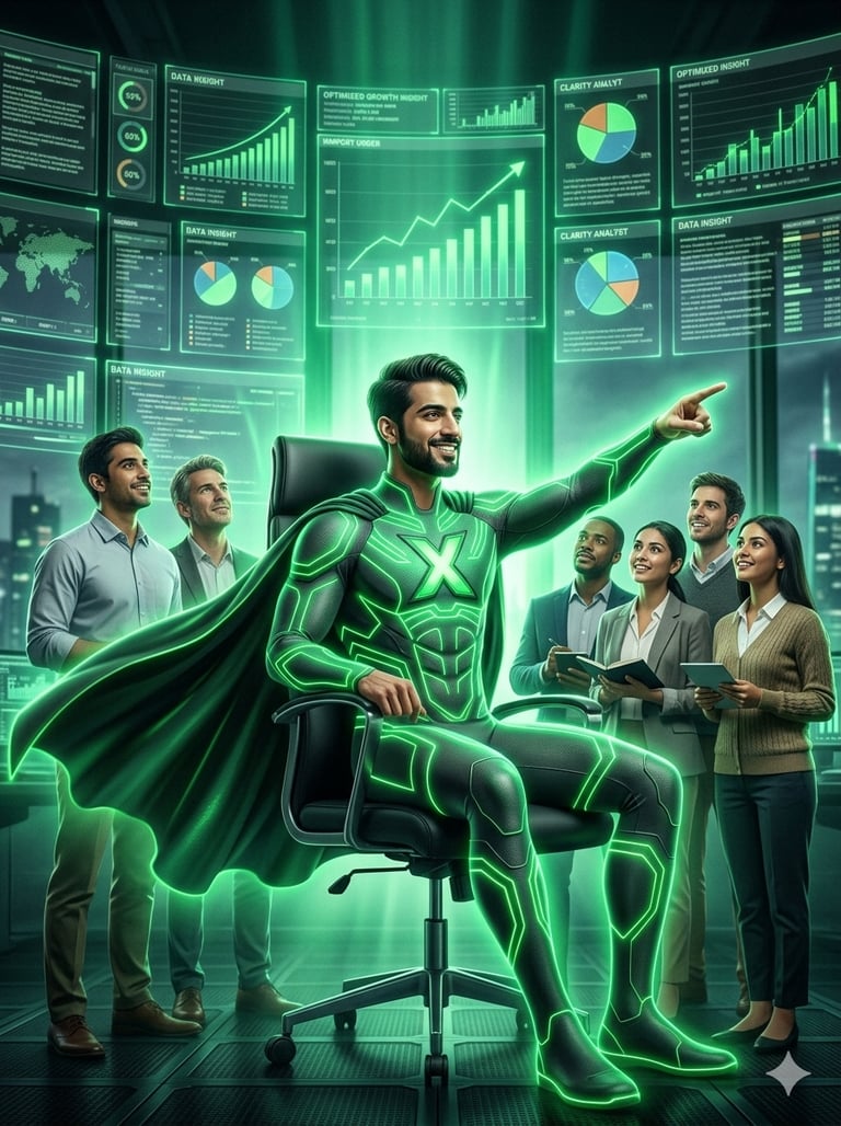 Captain Insight superhero in a green suit leads a team through holographic data charts