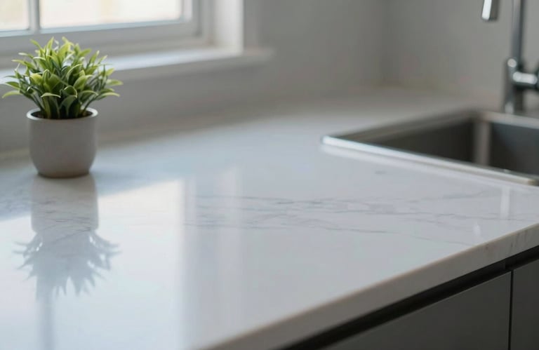 A brightly lit, sparkling clean modern North American / US kitchen counter with a small plant in a pot. The focus is on the polished surface, reflecting soft sky blue light and a clean light grey aesthetic.