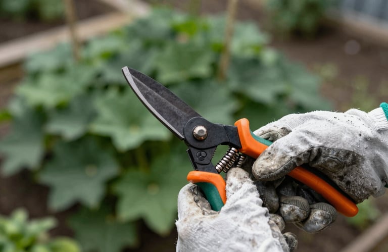A close-up photograph of hardworking gloved hands holding garden shears in a North American / US residential garden. The lighting is crisp, emphasizing clean lines and the muted forest green of the surroundings.