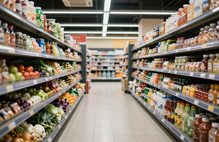 The interior of a bright, modern supermarket in South Asia, with neatly organized aisles of fresh produce and household goods.