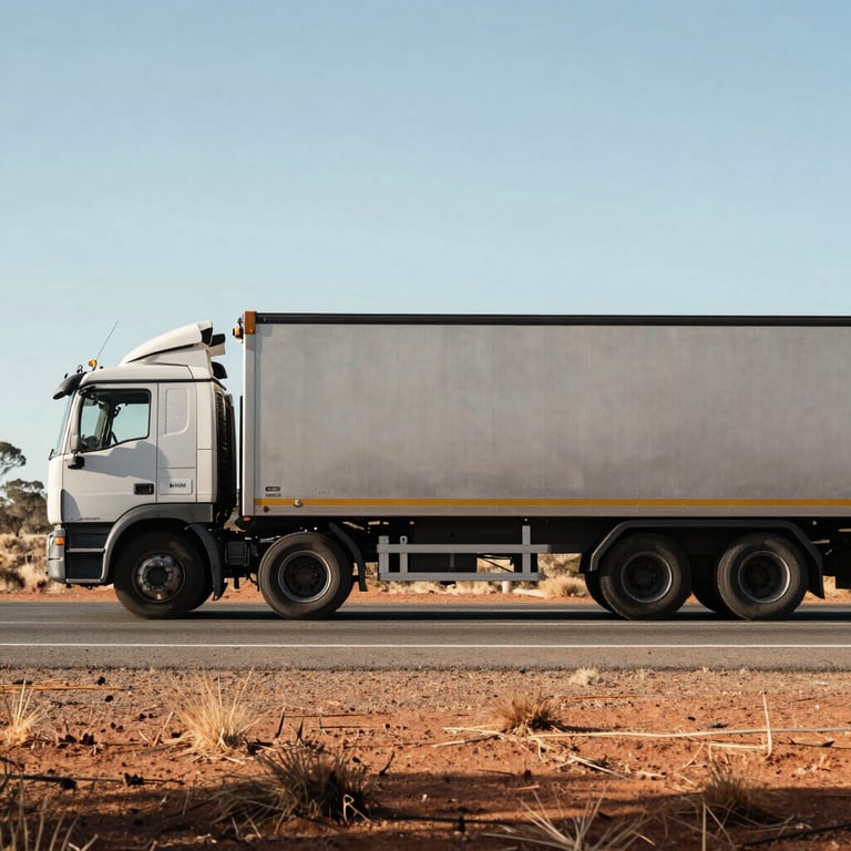 A side profile of a large transport truck on a highway in the Australian Outback, minimal and structured composition, focusing on logistics reliability.