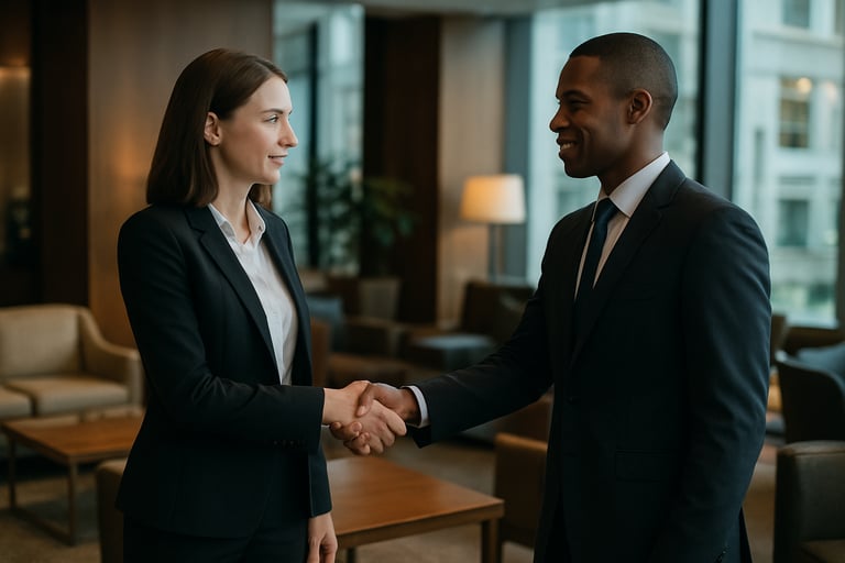 A candid medium shot of two professionals in corporate attire engaging in a handshake in a well-lit, high-end business lounge. Global / Corporate.