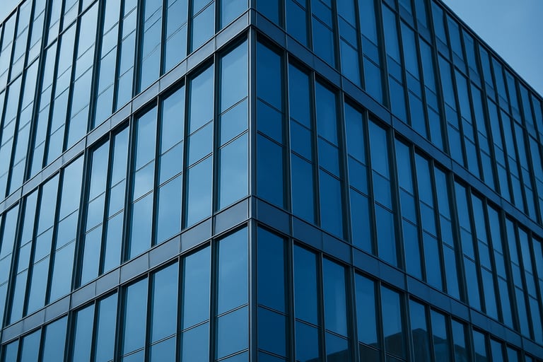 An eye-level architectural shot of a sleek, contemporary building facade made of glass and steel in Medium Blue tones. Global / Corporate.