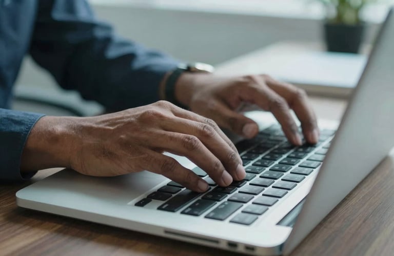 Close-up of a South Asian professional's hands typing on a modern laptop keyboard in a well-lit Bangalore office with pale blue highlights.
