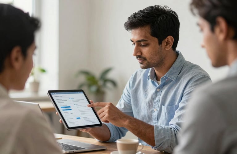 A professional South Asian man in a smart casual outfit presenting a digital report on a tablet in a collaborative workspace.