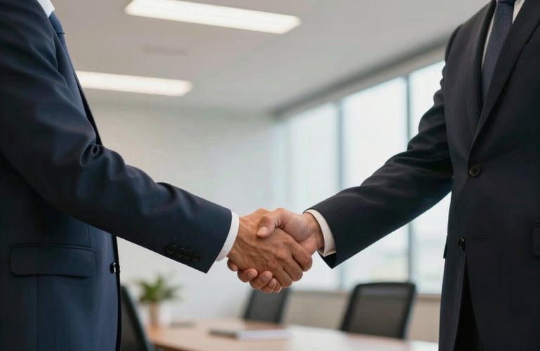 A warm, candid photo of two professionals shaking hands in a bright South American / Brazilian corporate environment, emphasizing trust and agreement.