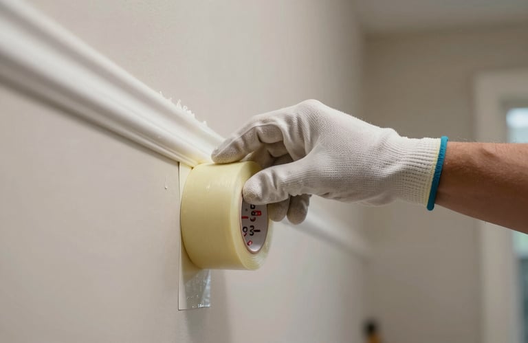 A professional photograph of a painter's hand wearing a clean work glove, carefully applying painter's tape to a baseboard. The focus is on the precision and careful preparation required for a high-quality job in a modern US home.