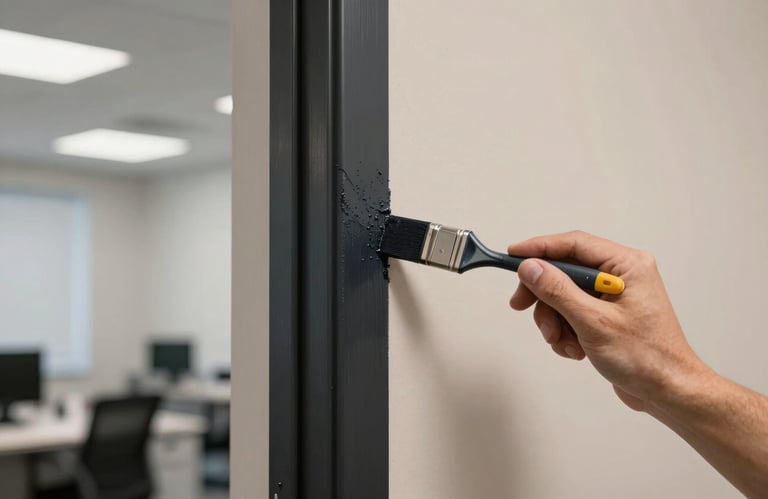 A close-up photograph of a painter expertly applying a dark black accent paint to a door frame against a beige wall in a modern US office. The focus is on the steady hand and the sharp edge of the paint line.
