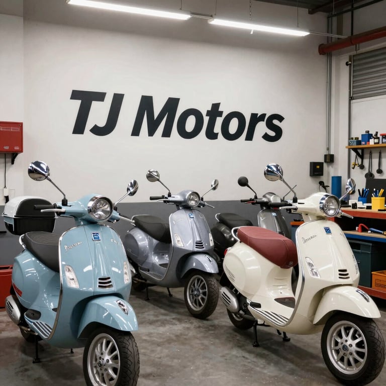 A variety of motorscooters lined up outside a storefront with a clear TJ Arnhem sign.