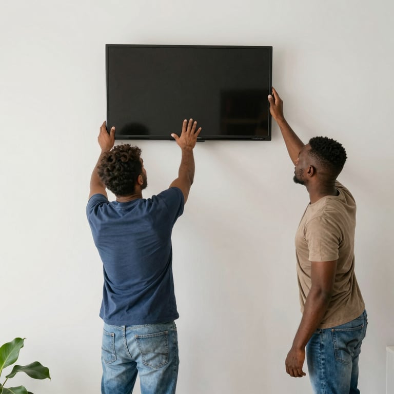 Technician carefully repairing a flat-screen television on-site in a cozy living room.