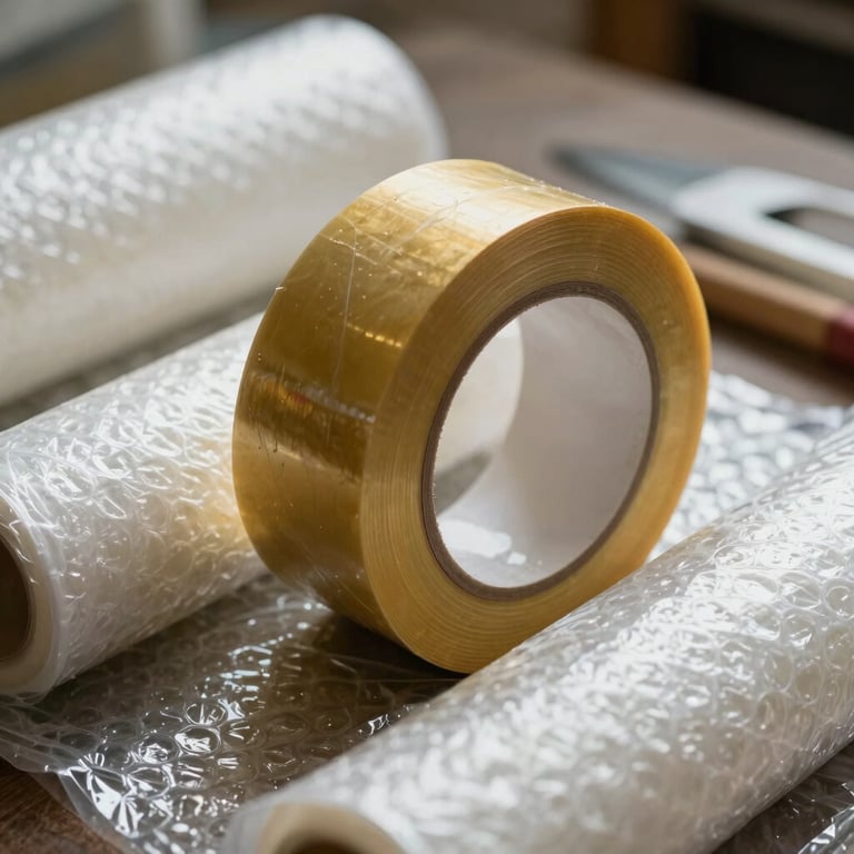 Close-up photography of professional packing materials including gold-colored tape and bubble wrap, used for delicate items in South Asian households.