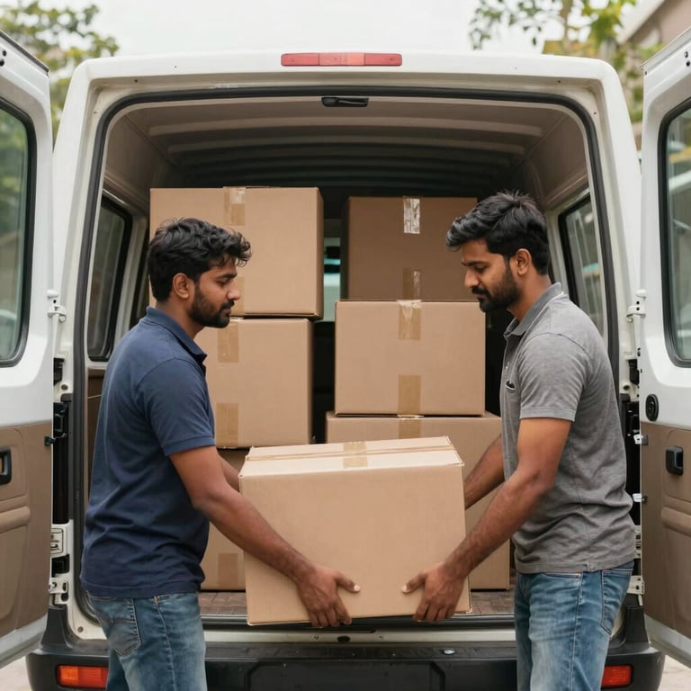 Photography of South Asian / Indian movers loading organized brown boxes into a spacious, clean transport vehicle during a bright day, efficient and reliable composition.
