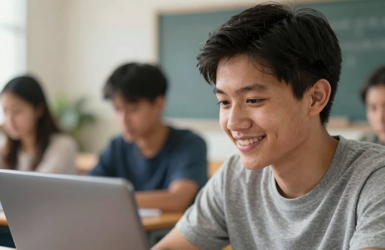 A close-up of a student in a North American / US classroom, smiling while looking at a laptop screen during an academic support session. The background is softly blurred to focus on the student's motivation.