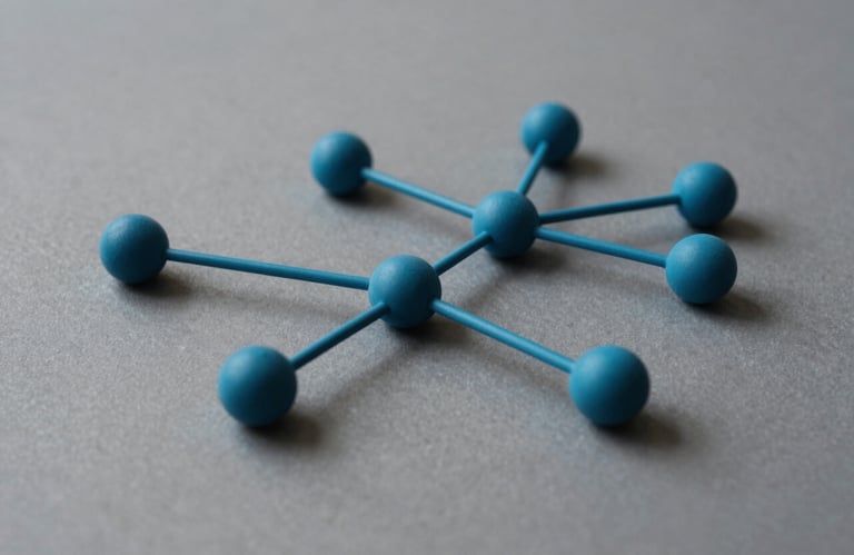 A minimalist, artistic shot of data points connecting, using Deep Teal and Sky Blue colors, in a sharp and professional photography style.