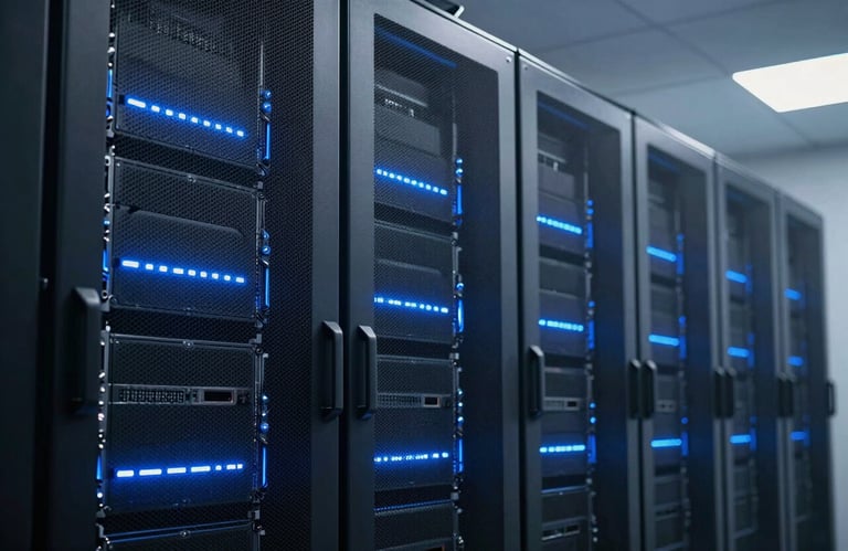 A sleek, high-tech server room with soft Sky Blue led lights, representing the efficient and modern infrastructure of a tech business in a South Asian / Indian hub.