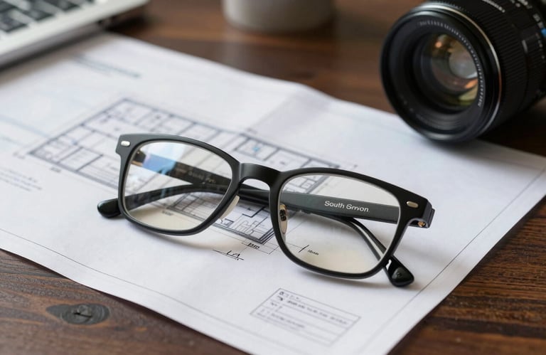 A close-up photograph of a professional architectural blueprint and a pair of designer eyeglasses on a dark wooden desk in a South Asian corporate setting.