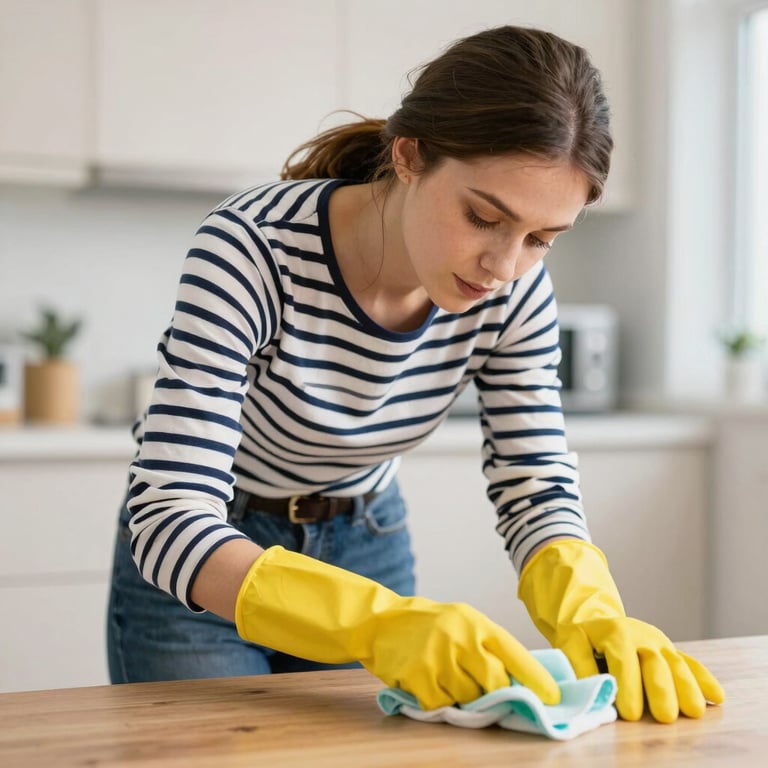a woman in a striped shirt and yellow gloves is cleaning a table